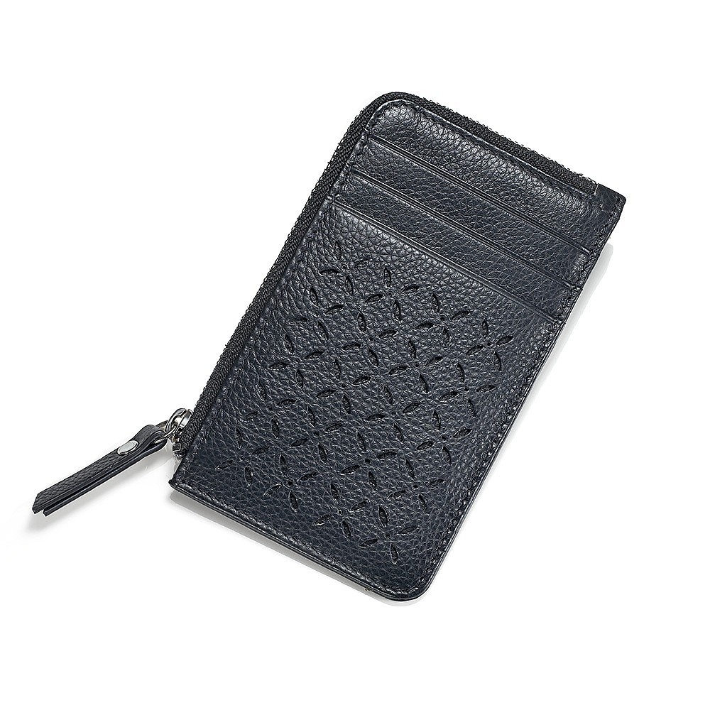 Porte-Cartes en Cuir Bleu Marine Pétales Ponctués