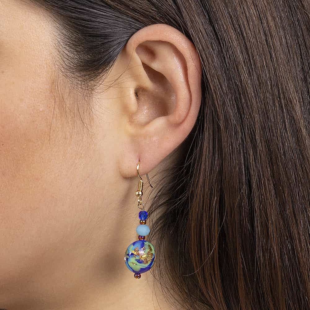 Boucles D'oreilles Pendantes - Perles Verre Murano Gouttes & Améthystes, Plaqué Or, Neuf Sans Emballage
