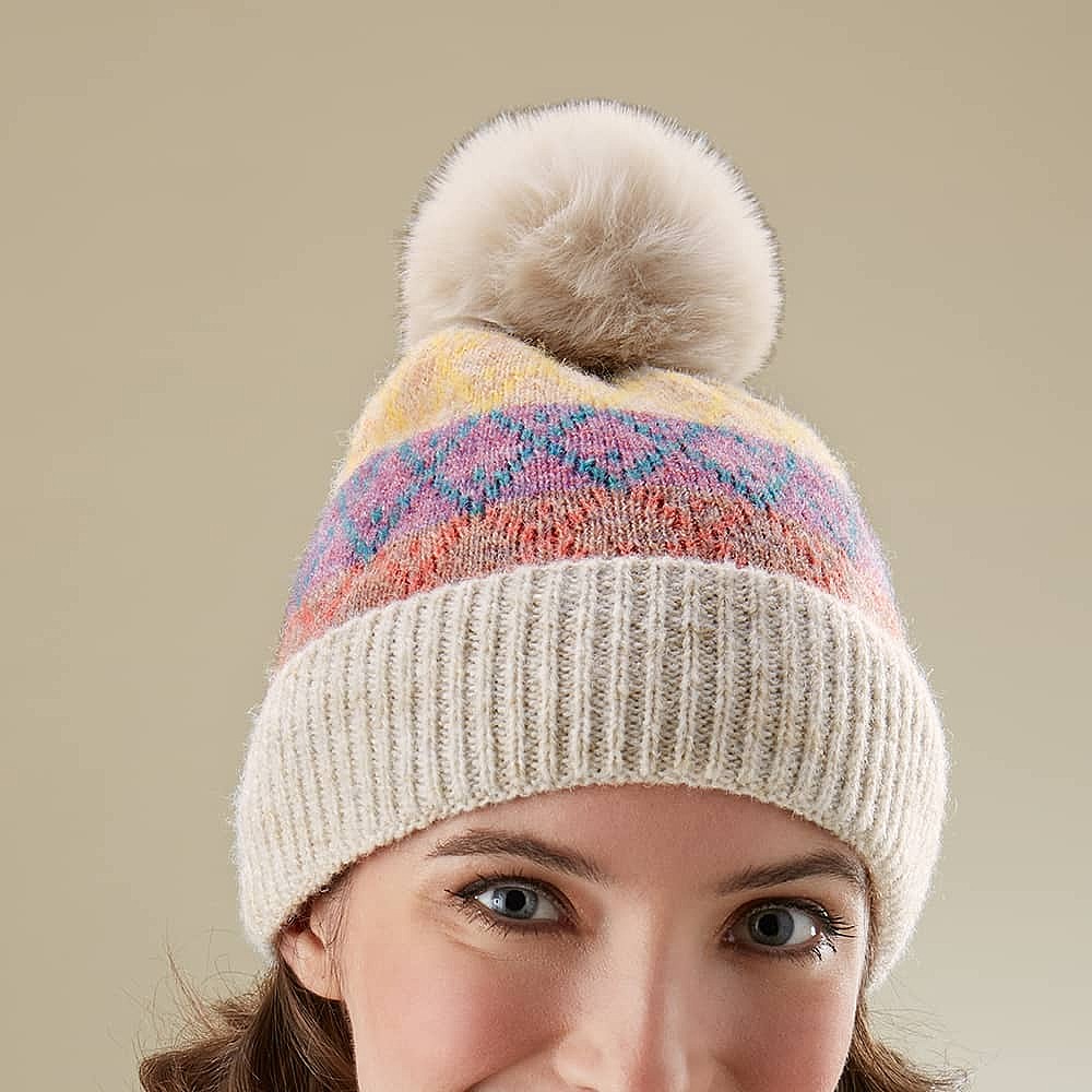 Bonnet d'hiver Snowy Fair Isle pour femme 100% laine commerce