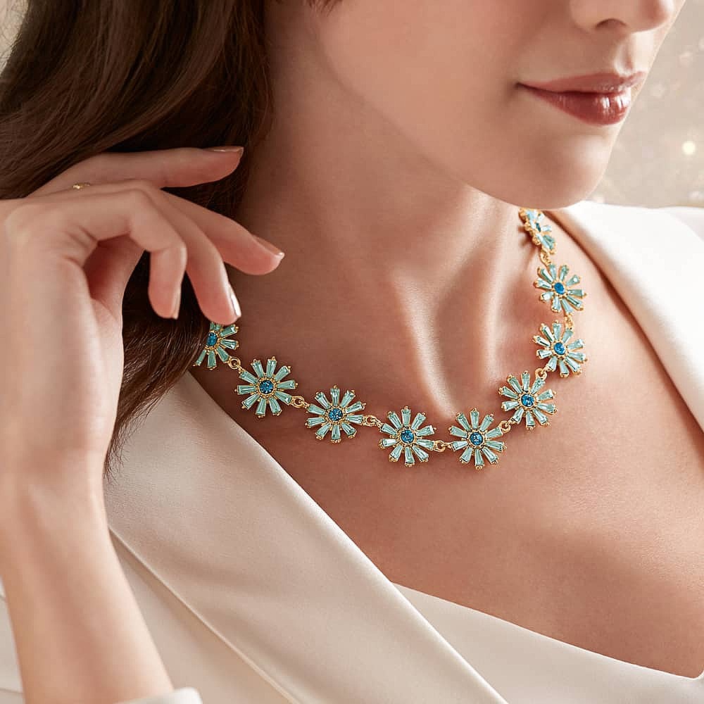 Collier Ancien Rivière De Cristaux Bleu Ciel Avec Solitaire - Vintage Brillant
